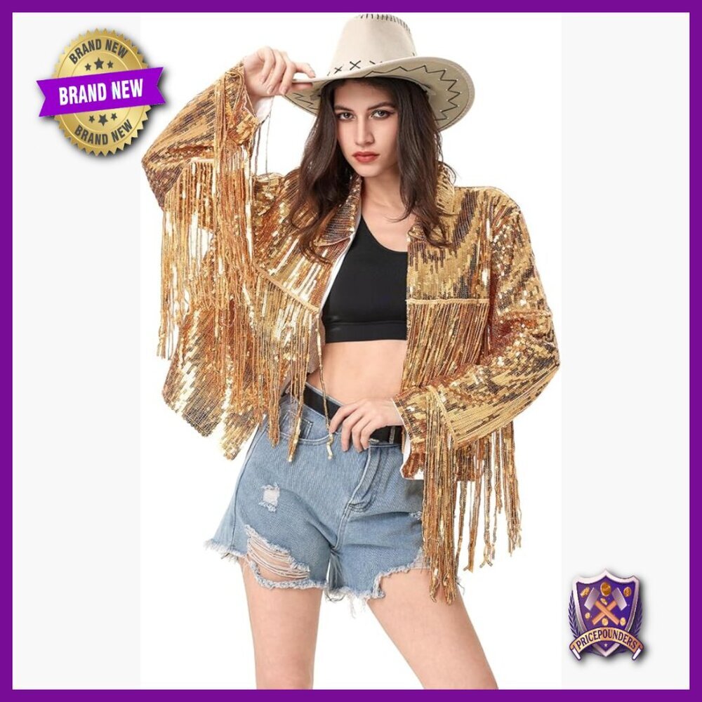 Sequin Fringe Jacket Long Sleeve Open Front Tassel Coat Disco Party Wear